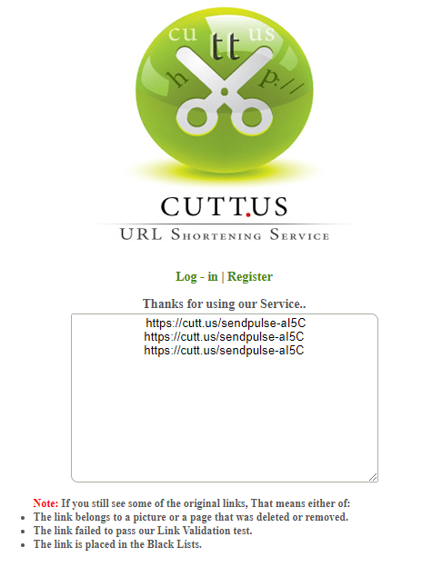 Результат скорочення кількох посилань на сервісі Cutt.us