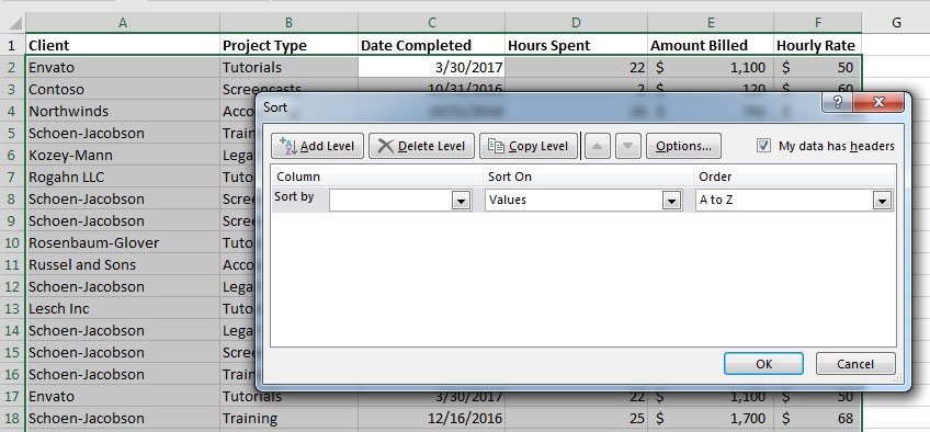 Custom sort window in Excel