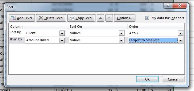 Два рівні з Excel spreadsheet sorting