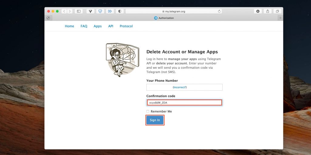 Як видалити обліковий запис у Telegram: вставте код у полі Confirmation code