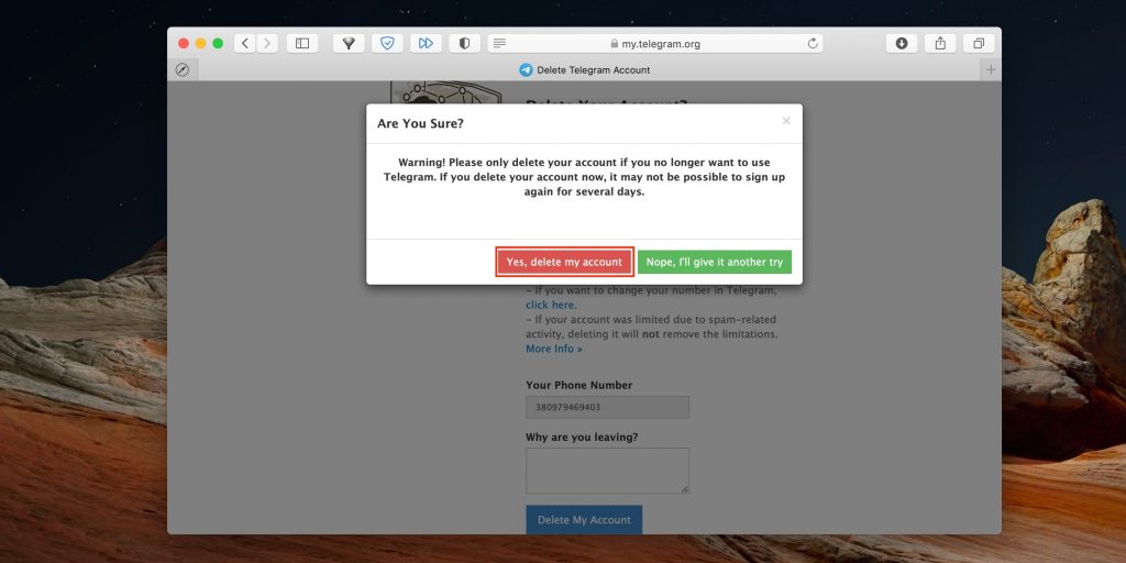 Як видалити обліковий запис у Telegram: натисніть кнопку Yes, delete my account